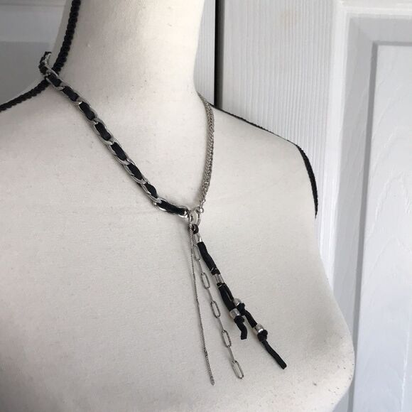 Free People Silver Tone and Black Leather Striped Necklace - Picture 4 of 9